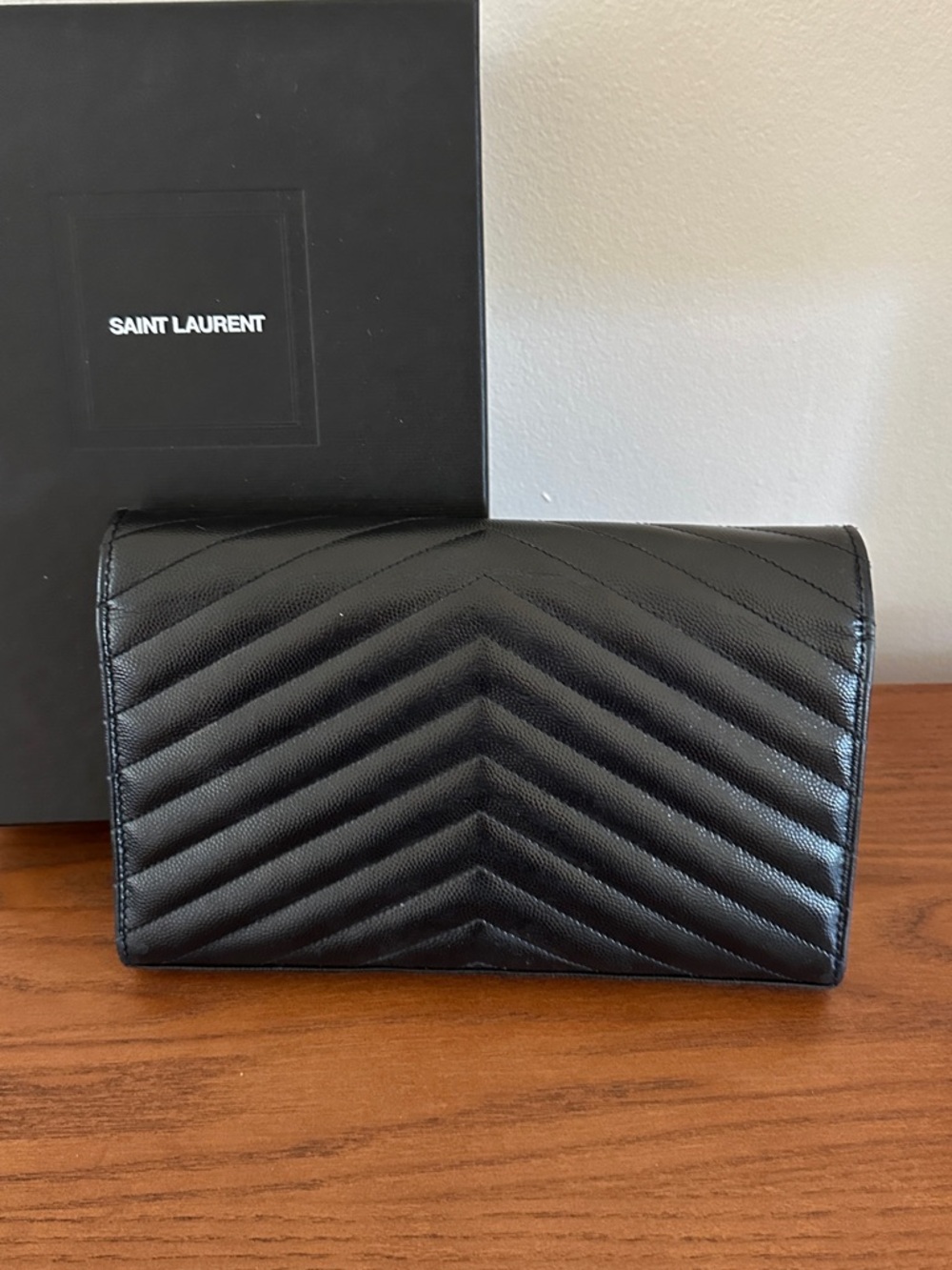 Saint Laurent Black Chevron Quilted Leather Chain Wallet - Picture 2 of 3